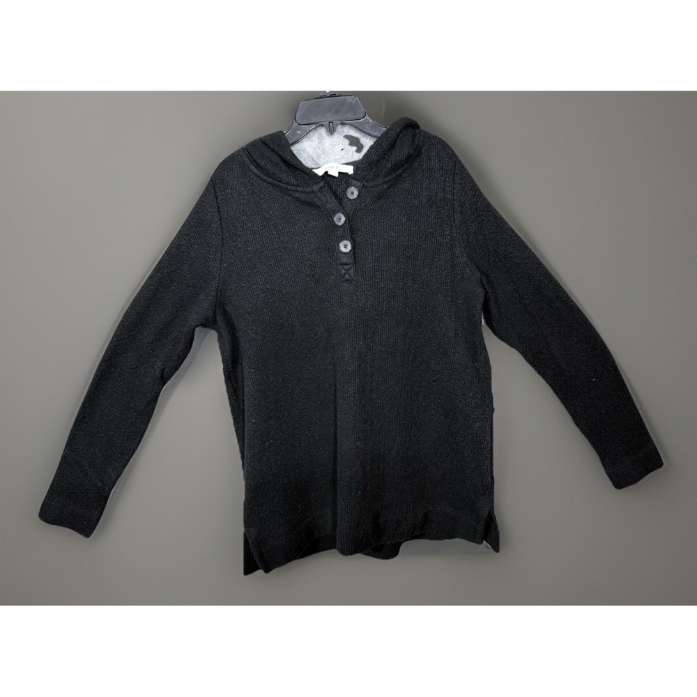 Loft Black Hooded Long Sleeve Sweater Pullover‎ w/ 3 Button V Neck Size M